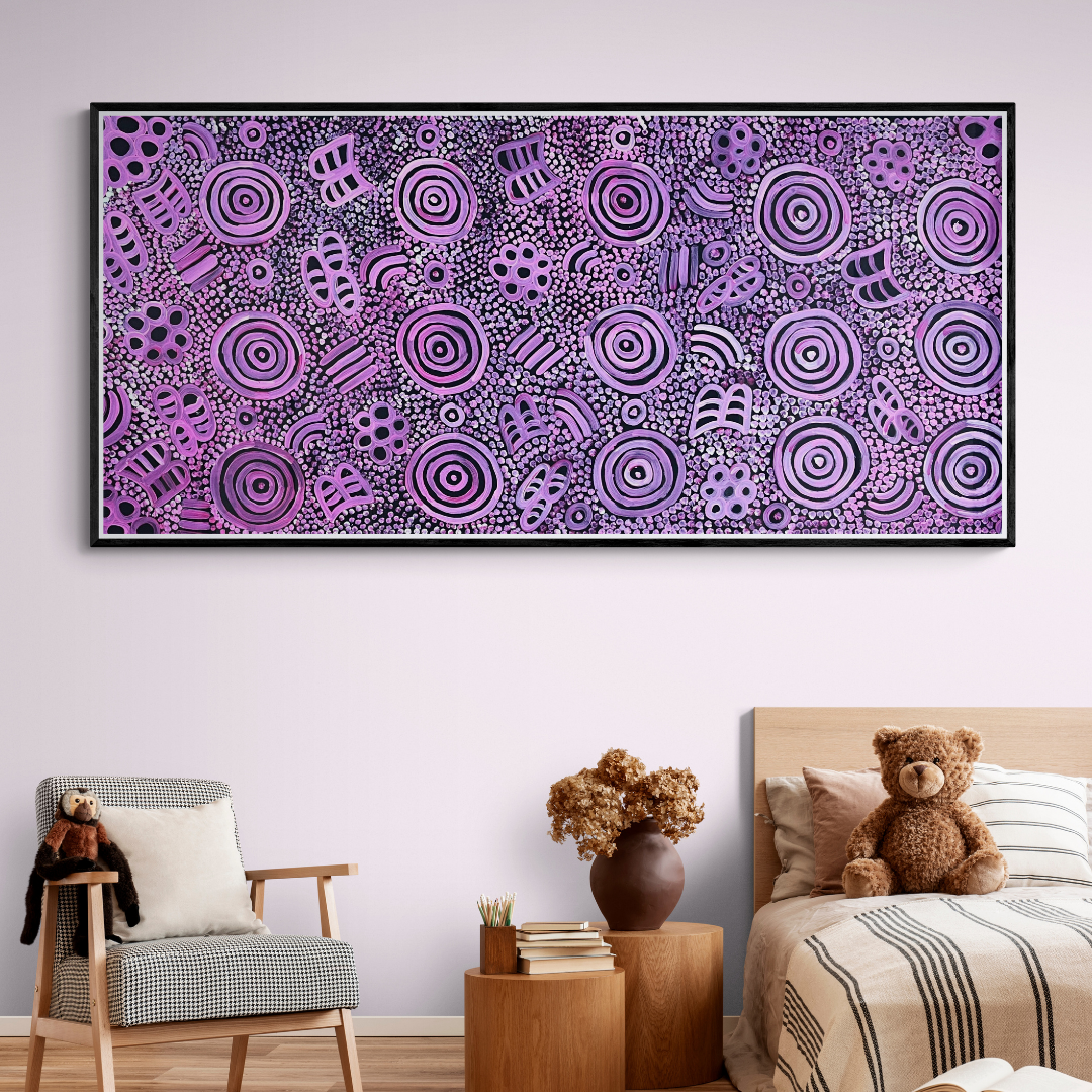 Roseanne Brown, My Country, Dreamtime, Aboriginal Art, Utopia Artist, Northern territory, bright colours baby bedroom, girls bedroom
