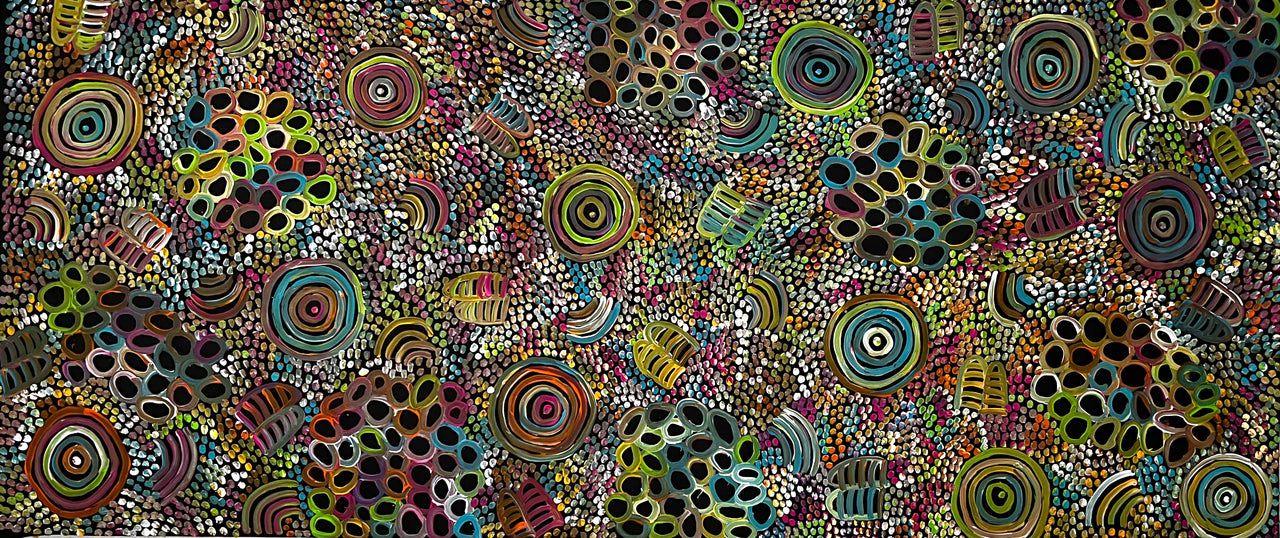 Dulcie Long Pula My country Bush medicine tucker, Leaves, Aboriginal Art, Indigenous Art, Utopia Art
