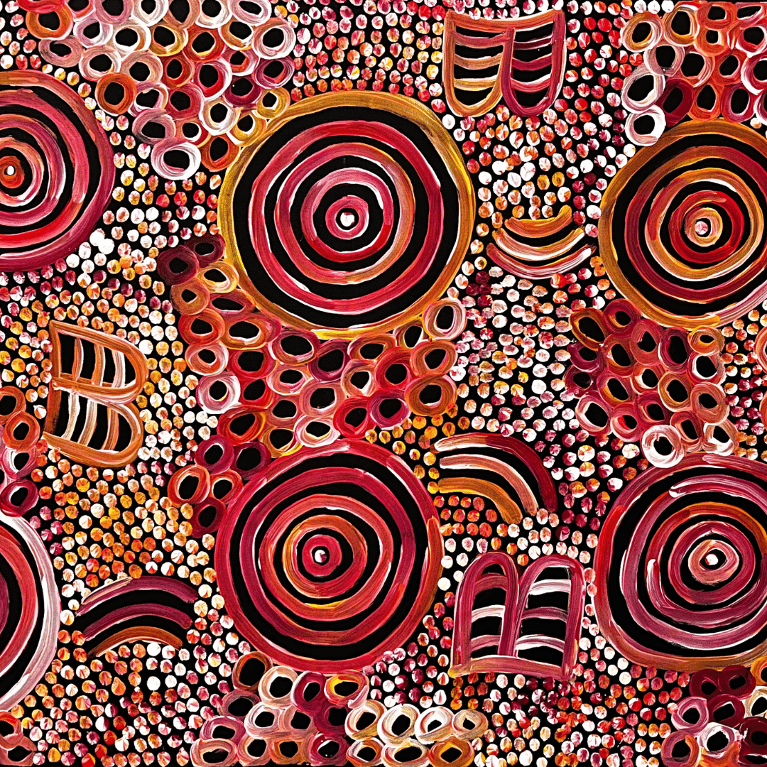 Dulcie Long Pula, my dreamtime, my country, healing leaves, bush medicine, Yam Dreaming, Aboriginal Artist, Utopia, Famous artist, Indigenous Artist, bush leaves, fine art, Utopia Artist